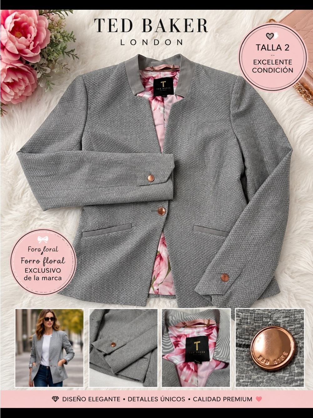 Ted Baker London Gray Textured Jacquard Blazer Size 2 / US 6